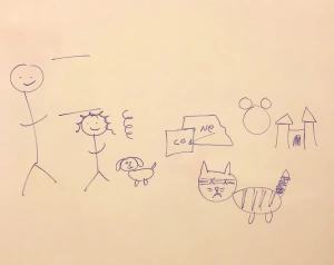 drawing of stick figures, castle, racoon, disney figure, curly hair, for Spanish speaking practice activity